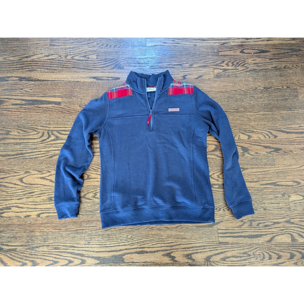 Vineyard Vines Shep Shirt Women's XS Navy Blue Plaid Shoulder 1/4 Zip Pullover